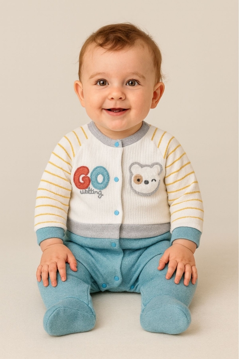 Бебешки гащеризон момче дълъг ръкав, цвят тюркоаз