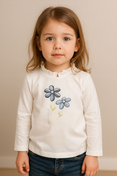Детска блуза момиче дълъг ръкав, цвят екрю
