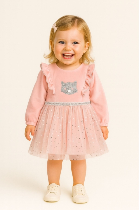 Бебешка рокля дълъг ръкав, розов цвят 