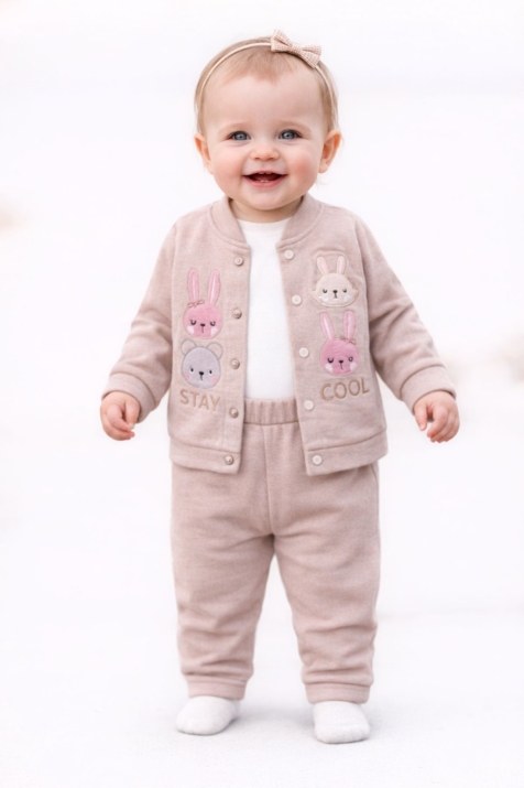 Бебешки комплект за момиче с дълъг ръкав 3 части, бежов цвят