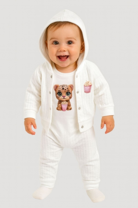 Бебешки комплект за момиче с дълъг ръкав 3 части, цвят екрю