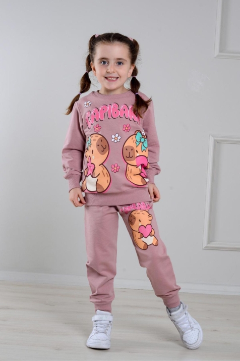 Детски комплект за момиче с дълъг ръкав, тъмно розов цвят