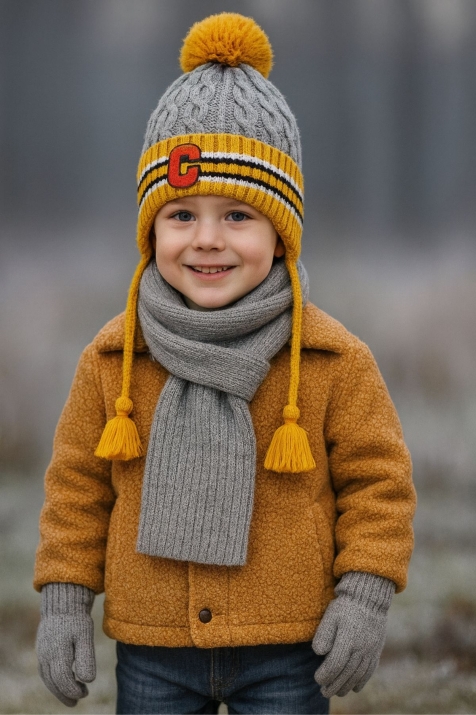  Детски комплект за момче шал, шапка и ръкаици, сив цвят 