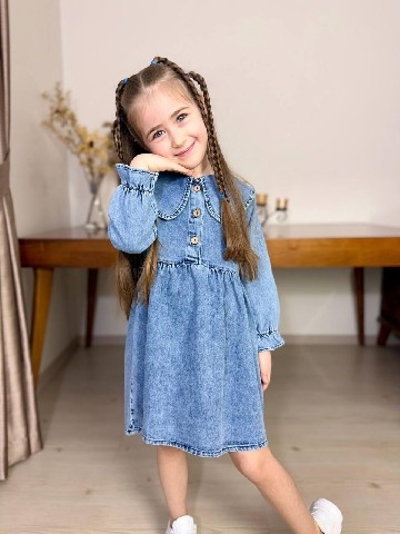 Детска рокля с дълъг ръкав, син цвят