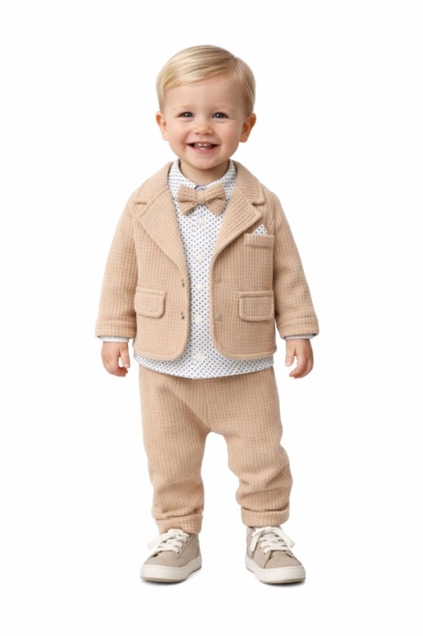 Бебешки комплект за момче с дълъг ръкав 3 части, светло кафяв цвят 
