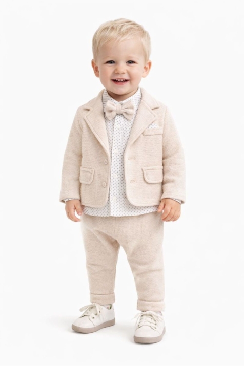 Бебешки комплект за момче с дълъг ръкав 3 части, бежов цвят 