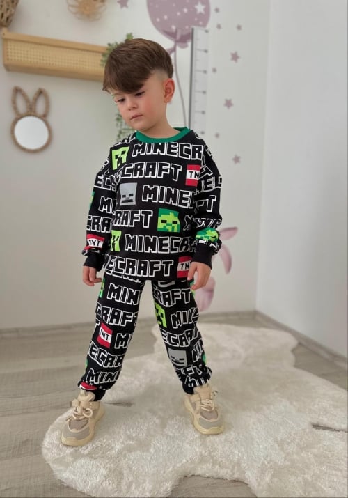 Детски комплект за момче с дълъг ръкав Minecraft, черен цвят