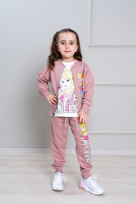 Детски комплект за момиче с дълъг ръкав 3 части, тъмно розов цвят 