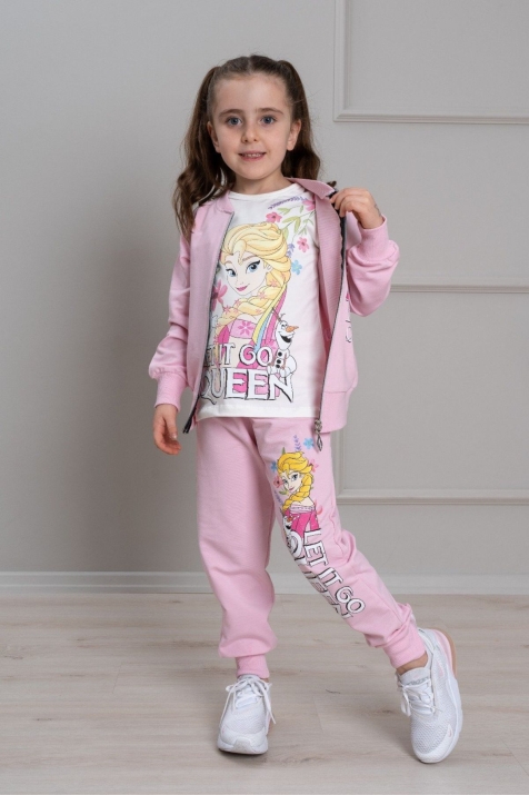 Детски комплект за момиче с дълъг ръкав 3 части, розов цвят 