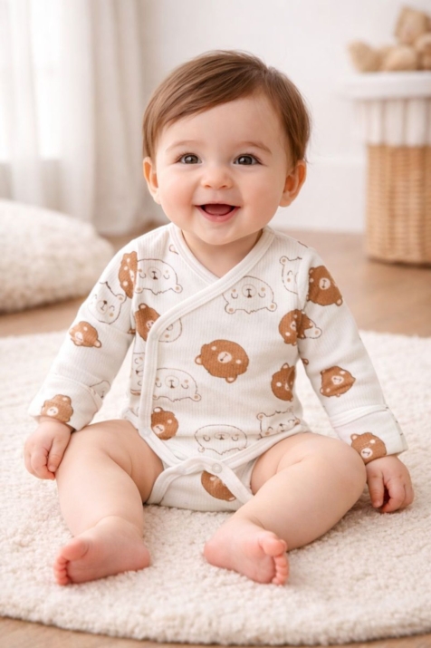 Бебешко боди с дълъг ръкав, цвят екрю 