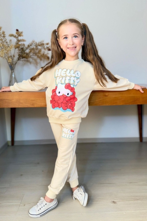 Детски комплект за момиче с дълъг ръкав, бежов цвят