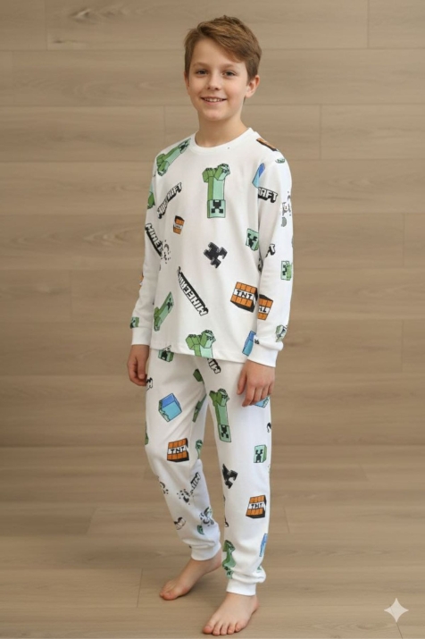 Детска пижама за момче с дълъг ръкав, цвят екрю