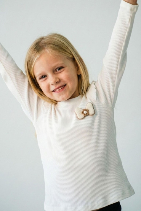 Детска блуза рипс за момиче с дълъг ръкав, цвят екрю