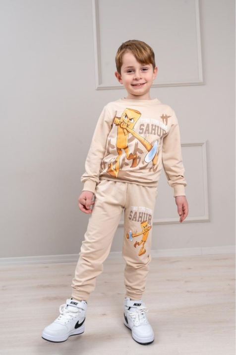 Детски комплект за момче с дълъг ръкав, бежов цвят