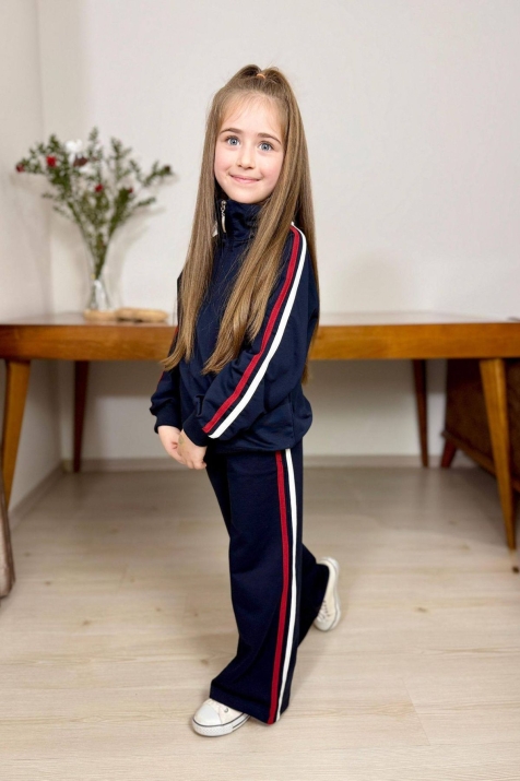 Детски комплект за момиче с дълъг ръкав, тъмно син цвят