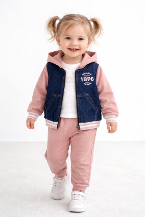 Детски комплект за момиче с дълъг ръкав 3 части, цвят пудра