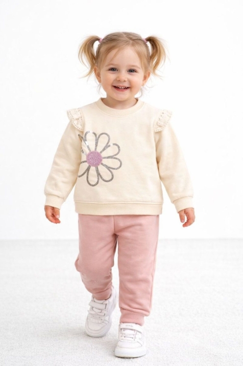  Детски комплект за момиче с дълъг ръкав, розов цвят