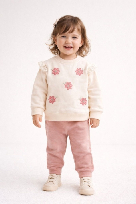 Детски комплект за момиче с дълъг ръкав, цвят пудра