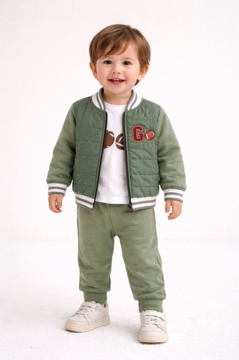 Детски комплект за момче с дълъг ръкав 3 части, зелен цвят