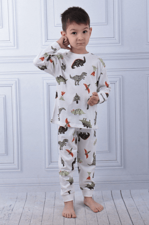 Детска пижама за момче с дълъг ръкав, екрю цвят