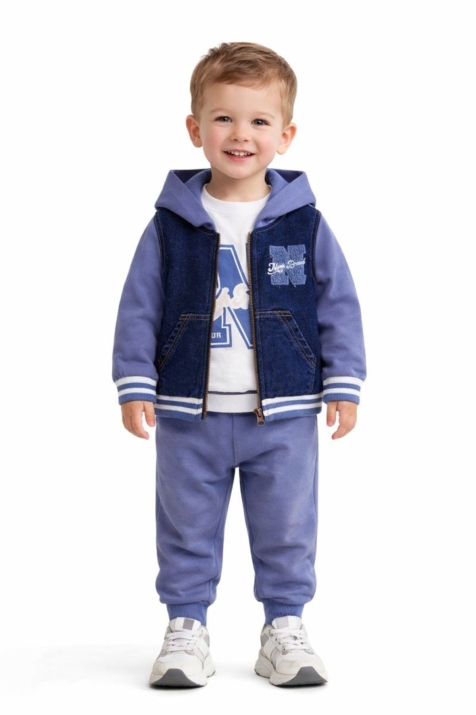 Детски комплект за момче с дълъг ръкав 3 части, син цвят 