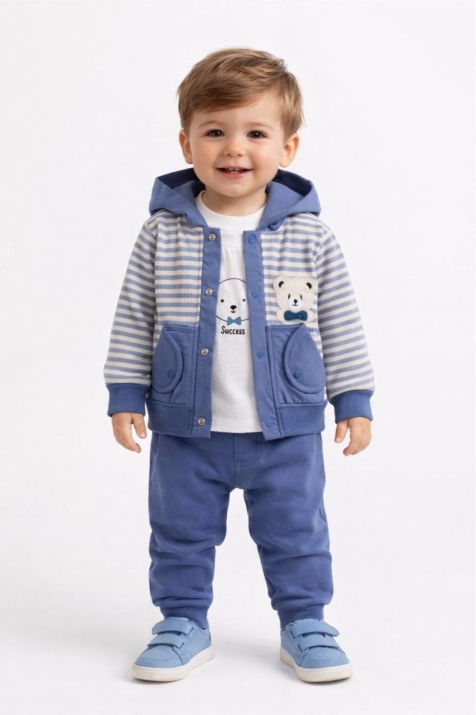 Детски комплект за момче с дълъг ръкав 3 части, син цвят 