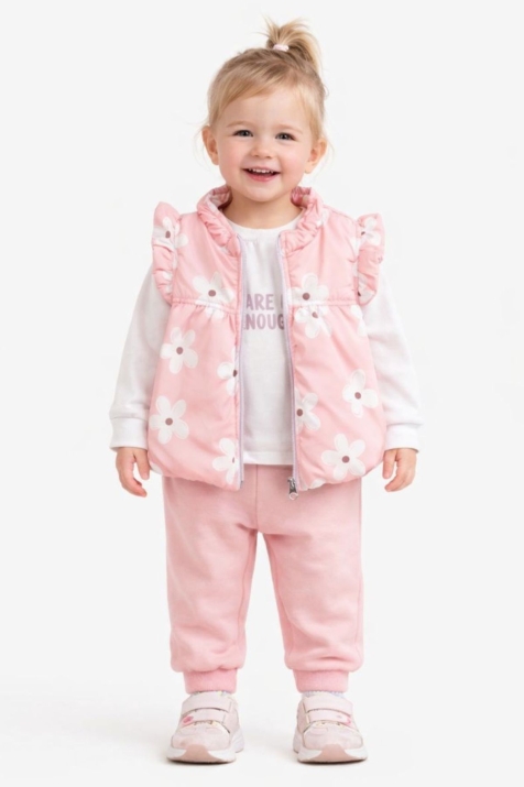 Детски комплект за момиче с дълъг ръкав 3 части, светло розов цвят