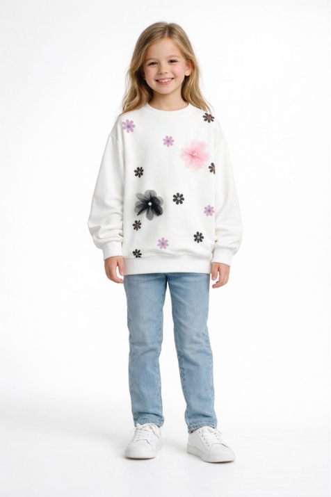 Детска блуза за момиче с дълъг ръкав, цвят екрю