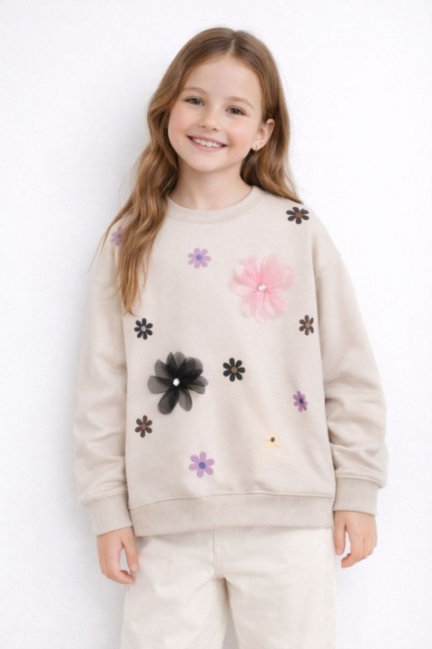 Детска блуза за момиче с дълъг ръкав, бежов цвят