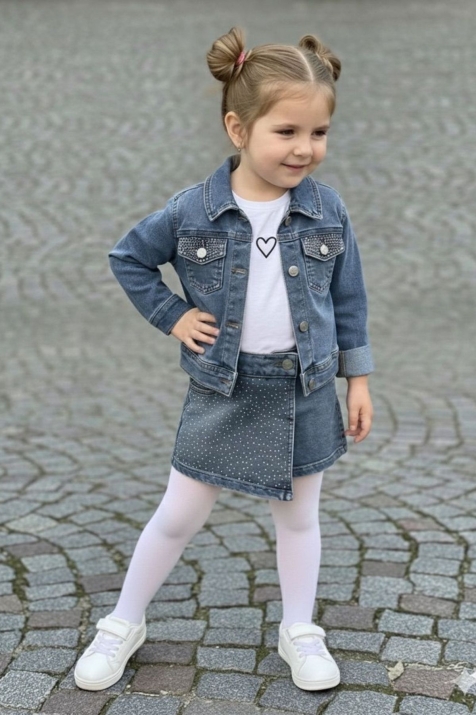 Детски комплект деним за момиче с дълъг ръкав, тъмно син цвят