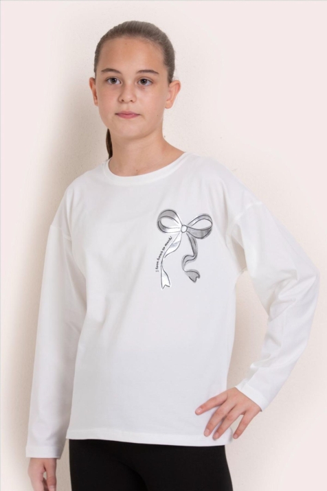 Детска блуза за момиче с дълъг ръкав, цвят екрю