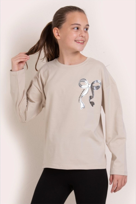 Детска блуза за момиче с дълъг ръкав, бежов цвят