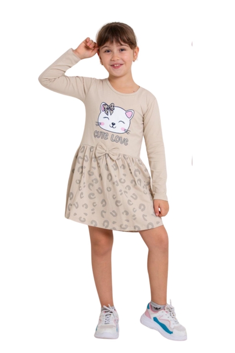 Детска рокля с дълъг ръкав, бежов  цвят 