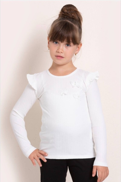 Детска блуза за момиче с дълъг ръкав, цвят екрю