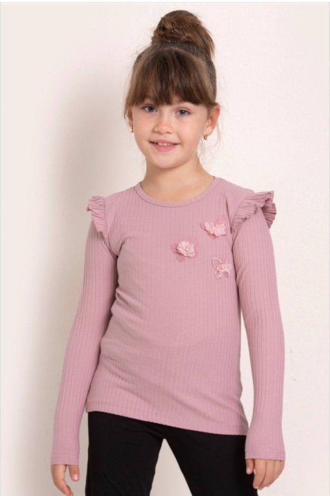 Детска блуза за момиче с дълъг ръкав,  цвят пудра