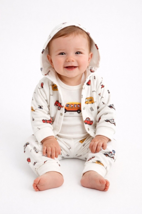 Бебешки комплект за момче с дълъг ръкав 3 части, цвят  екрю