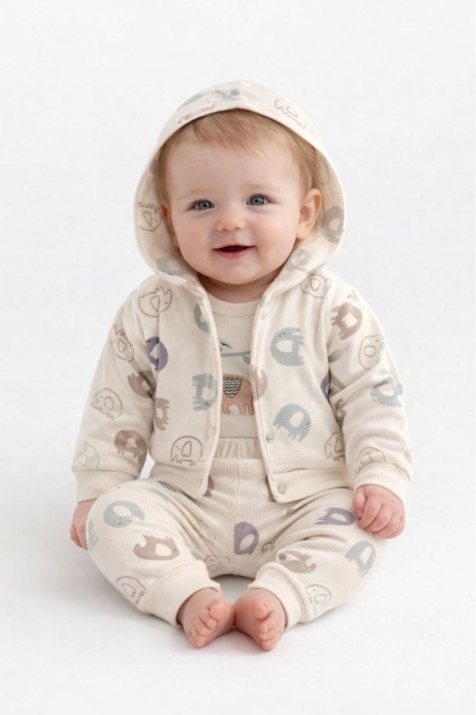 Бебешки комплект за момче с дълъг ръкав 3 части, бежов цвят