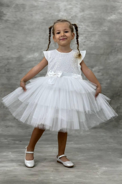 Детска официална рокля къс ръкав, бял цвят