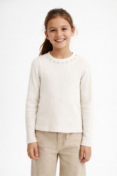 Детска блуза рипс за момиче с дълъг ръкав, цвят екрю 