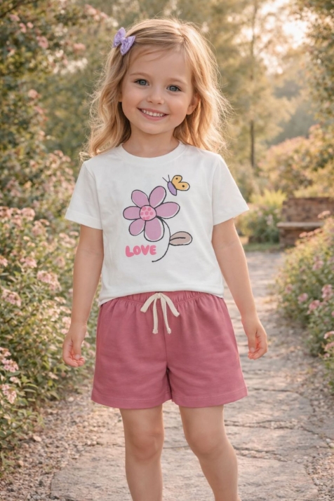 Детски комплект за момиче с къс ръкав, розов цвят