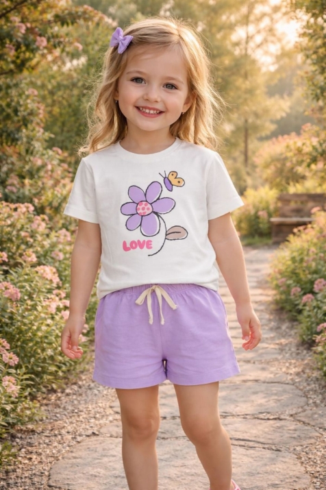 Детски комплект за момиче с къс ръкав, лилав цвят