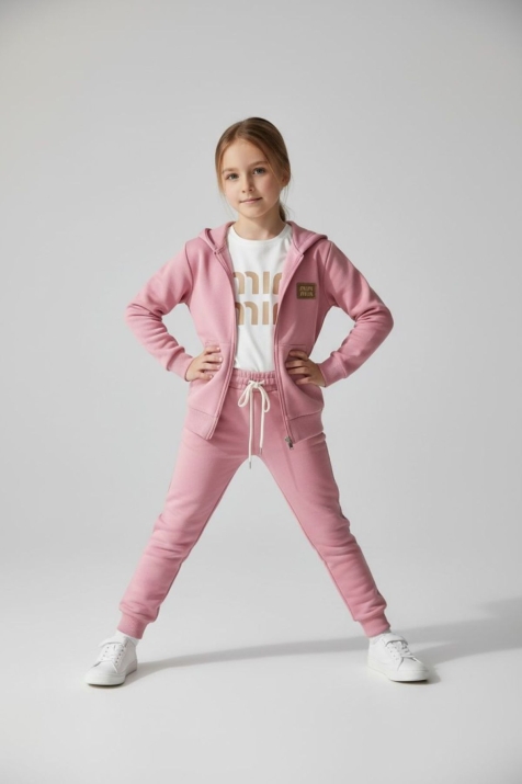 Детски комплект за момиче с дълъг ръкав 3 части, тъмно розов цвят