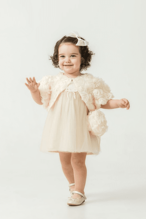 Бебешка официална рокля без ръкав с болеро и чантичка, цвят екрю