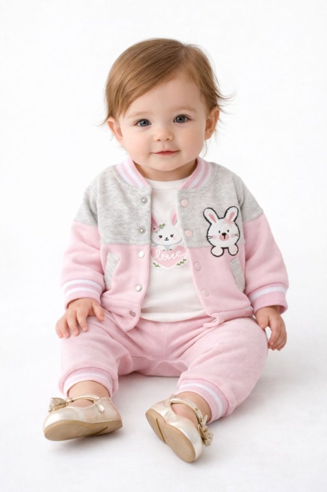 Бебешки комплект за момиче дълъг ръкав 3 части, розов цвят