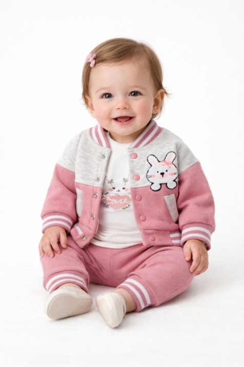 Бебешки комплект за момиче дълъг ръкав 3 части, тъмно розов цвят