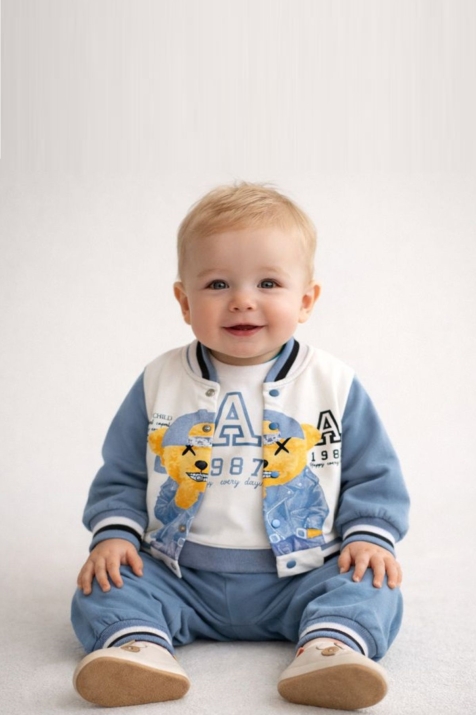 Бебешки комплект за момче с дълъг ръкав 3 части, син цвят