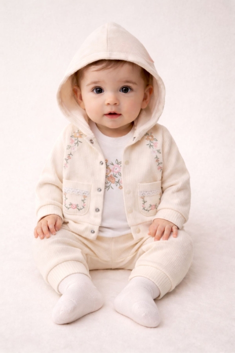 Бебешки комплект за момиче с дълъг ръкав 3 части, цвят екрю  