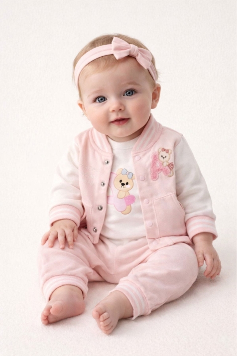  Бебешки комплект за момиче с дълъг ръкав 3 части, светло розов цвят