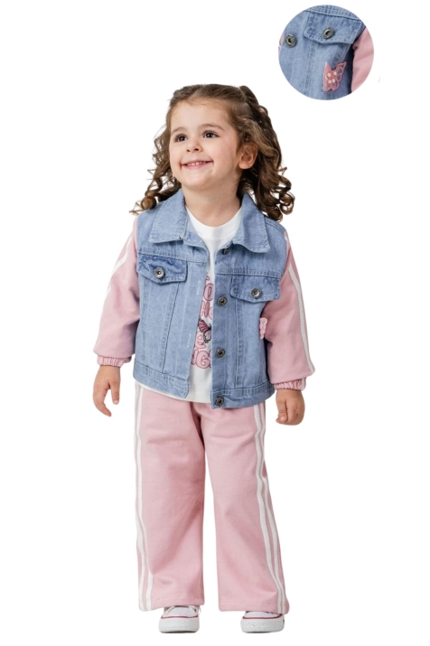 Детски комплект за момиче с дълъг ръкав 3 части, розов цвят