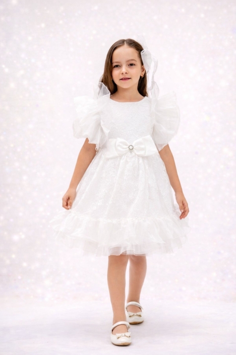 Детска официална рокля с къс ръкав и фиба, бял цвят  